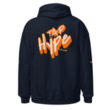 Roll Gear Tap Hype Hoodie - Orange Print - Navy, back view.