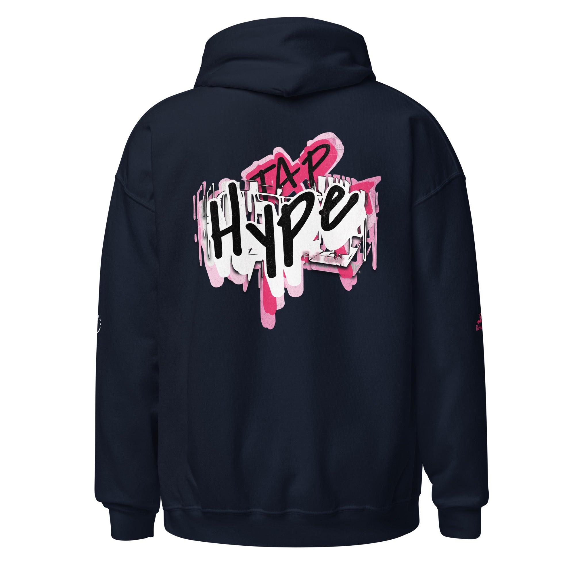 Roll Gear Tap Hype Hoodie - Pink Print - Girls on the Mat - Navy, back view.
