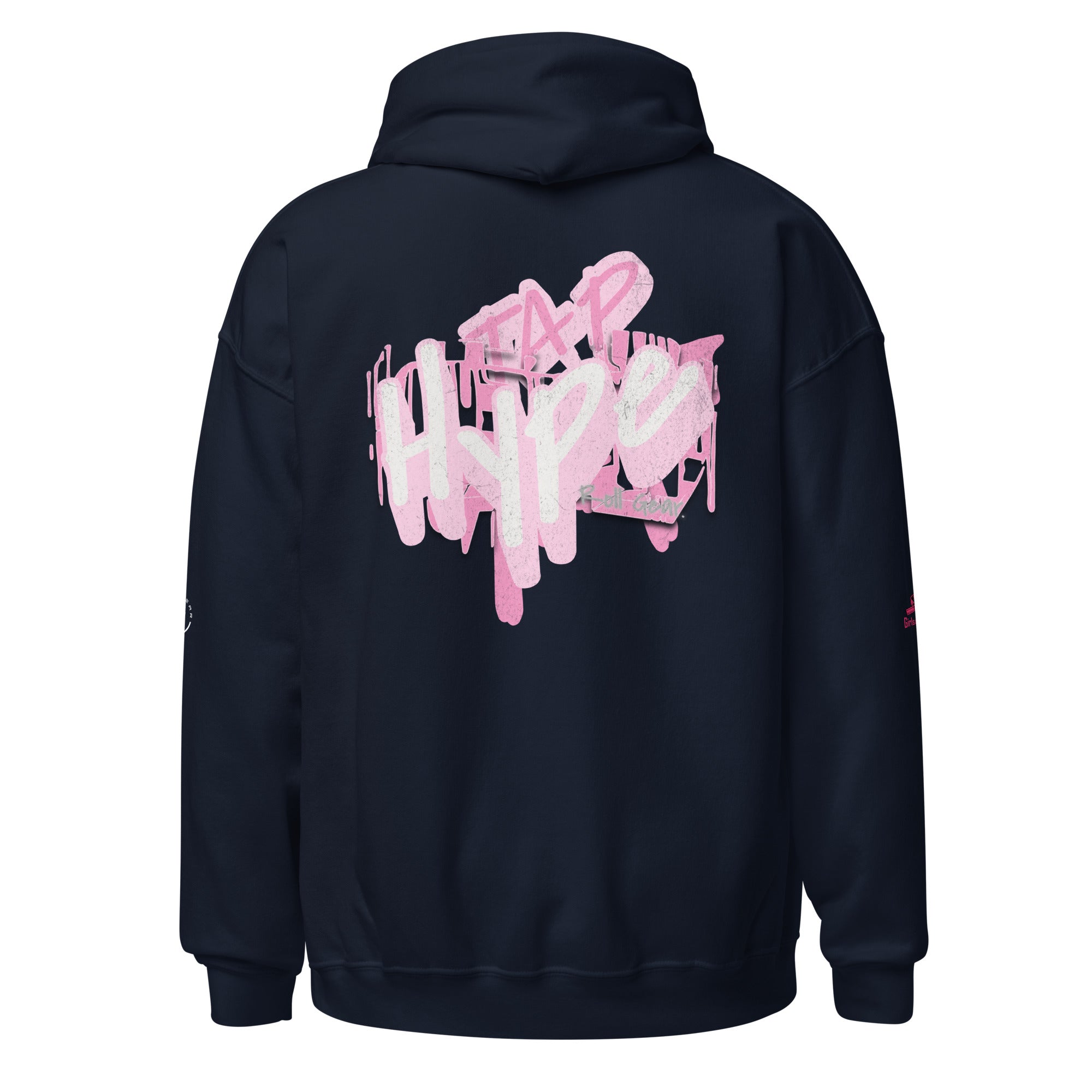 Roll Gear Tap Hype Hoodie - White Print - Girls on the Mat - Navy, back view.