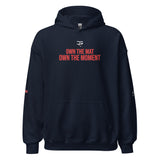 Roll Gear Tap Hype Hoodie - Red Print - Navy, front view.