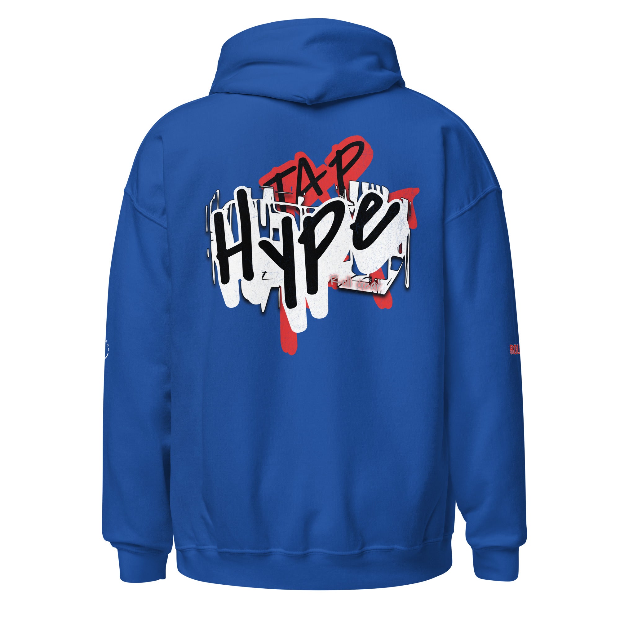 Roll Gear Tap Hype Hoodie - Red Print - Royal, back view.