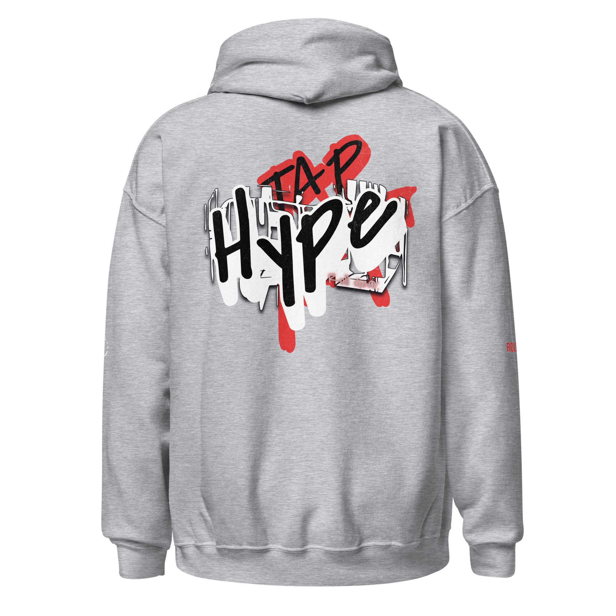 Roll Gear Tap Hype Hoodie - Red Print - Sport Grey, back view.