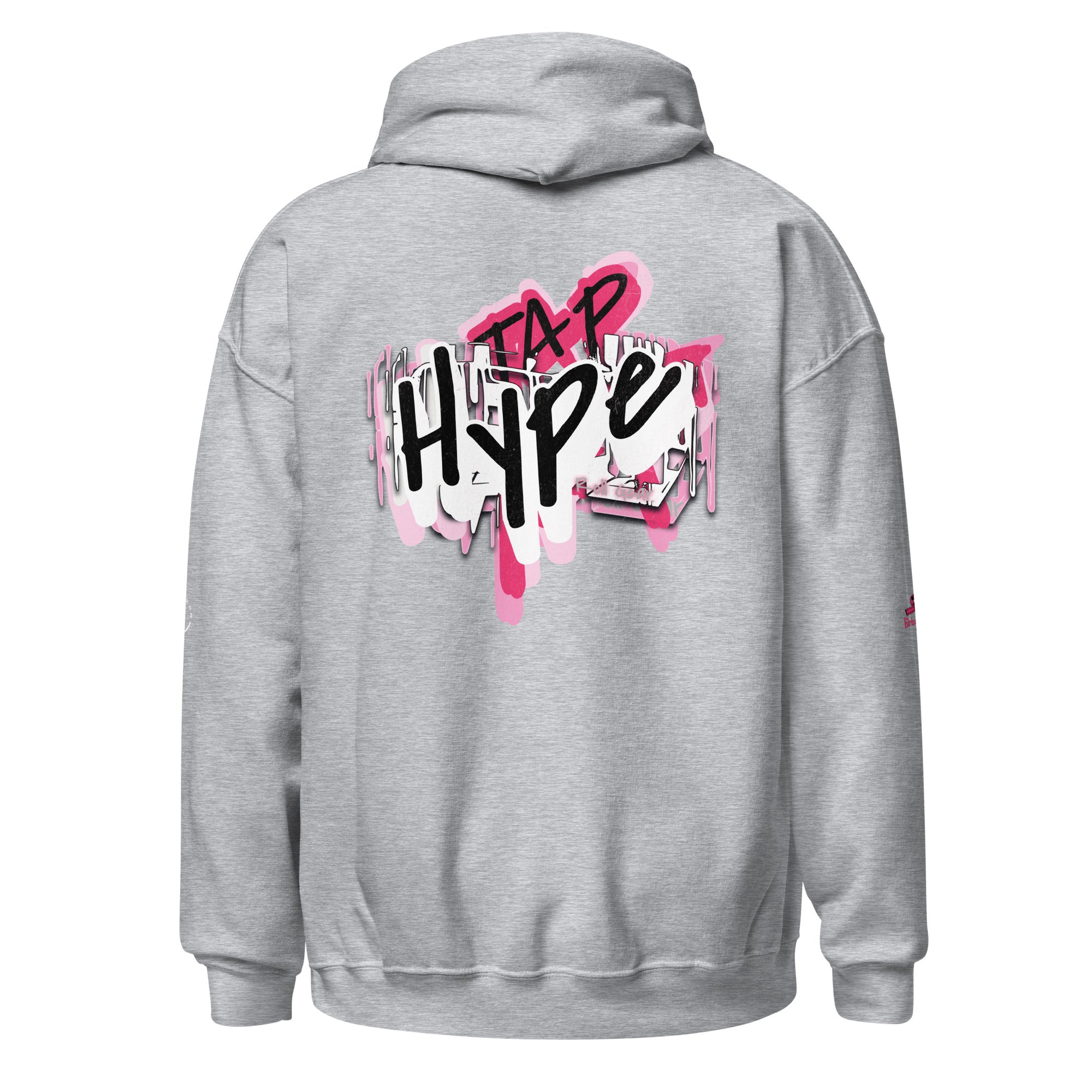 Roll Gear Tap Hype Hoodie - Pink Print - Girls on the Mat - Sport Grey, back view.