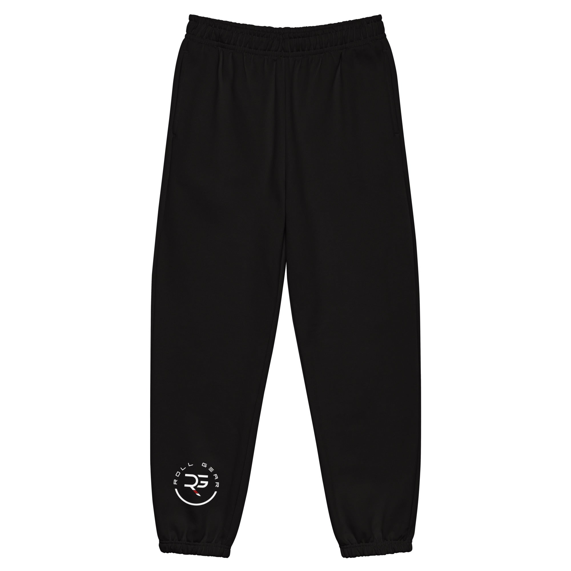 Roll Gear Fleece Joggers – Own the Mat. Own the Moment, Black, front view.