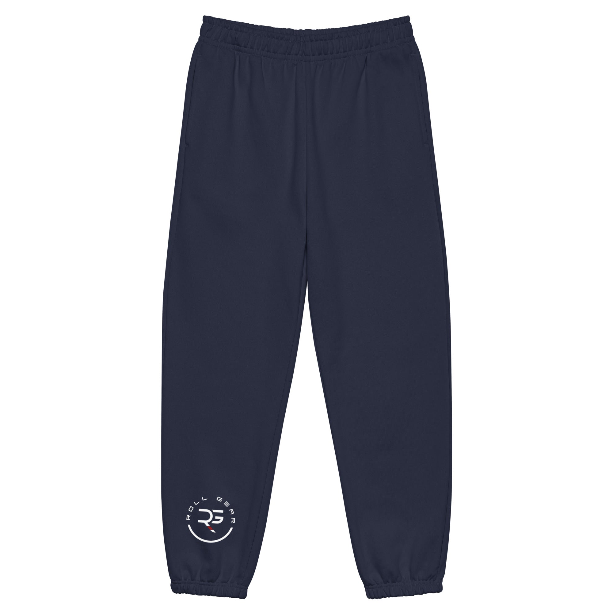 Roll Gear Fleece Joggers – Own the Mat. Own the Moment, Navy, front view.