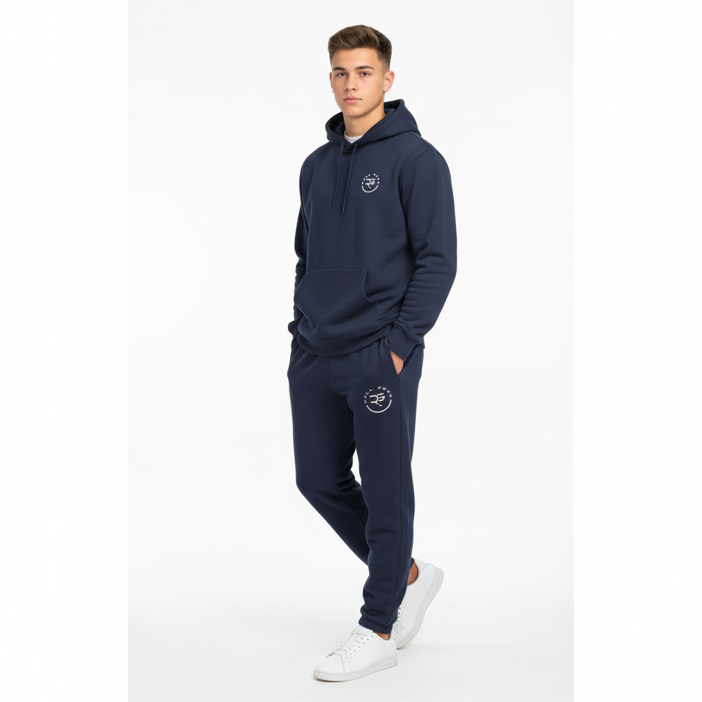 Roll Gear Fleece Joggers, navy, man wearing them with a matching hoodie.
