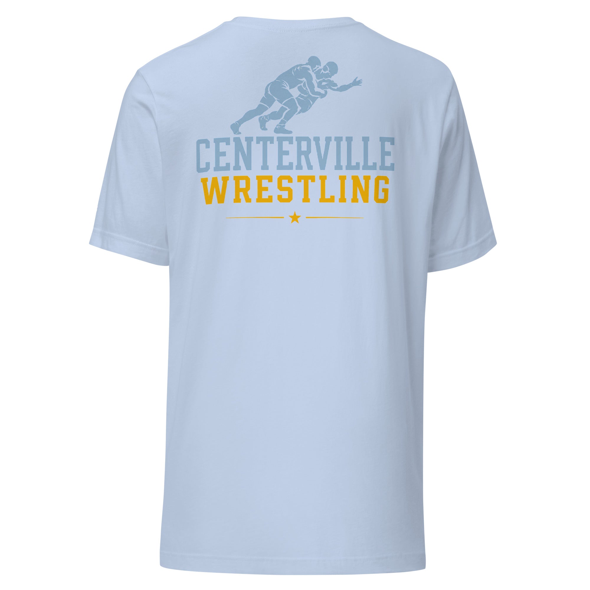 Centerville Wrestling Team T-Shirt, Baby Blue, back view.