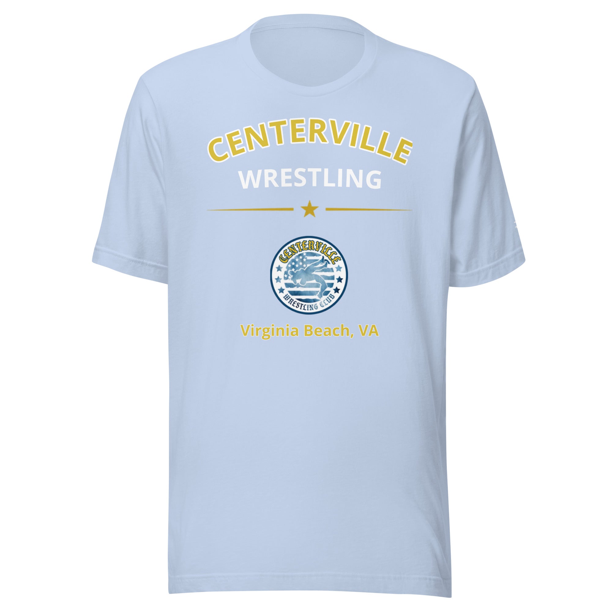 Centerville Wrestling Team T-Shirt, Baby Blue, front view.