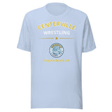 Centerville Wrestling Team T-Shirt, Baby Blue, front view.