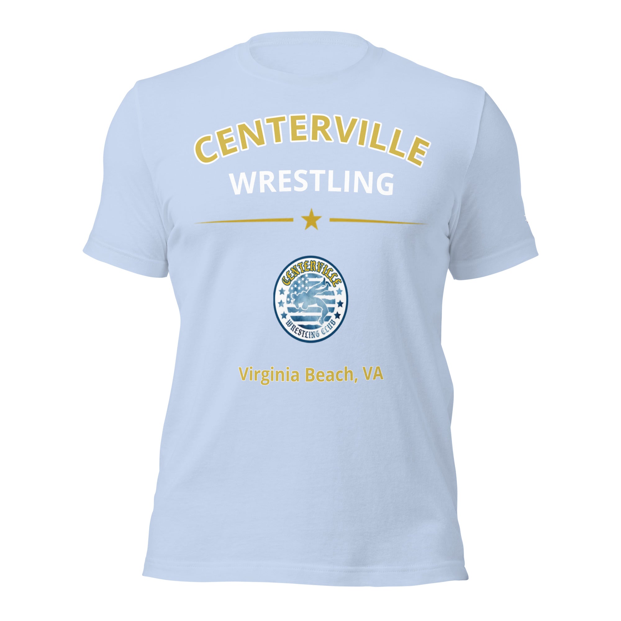 Centerville Wrestling DTG Team T-Shirt, Baby Blue, front view.