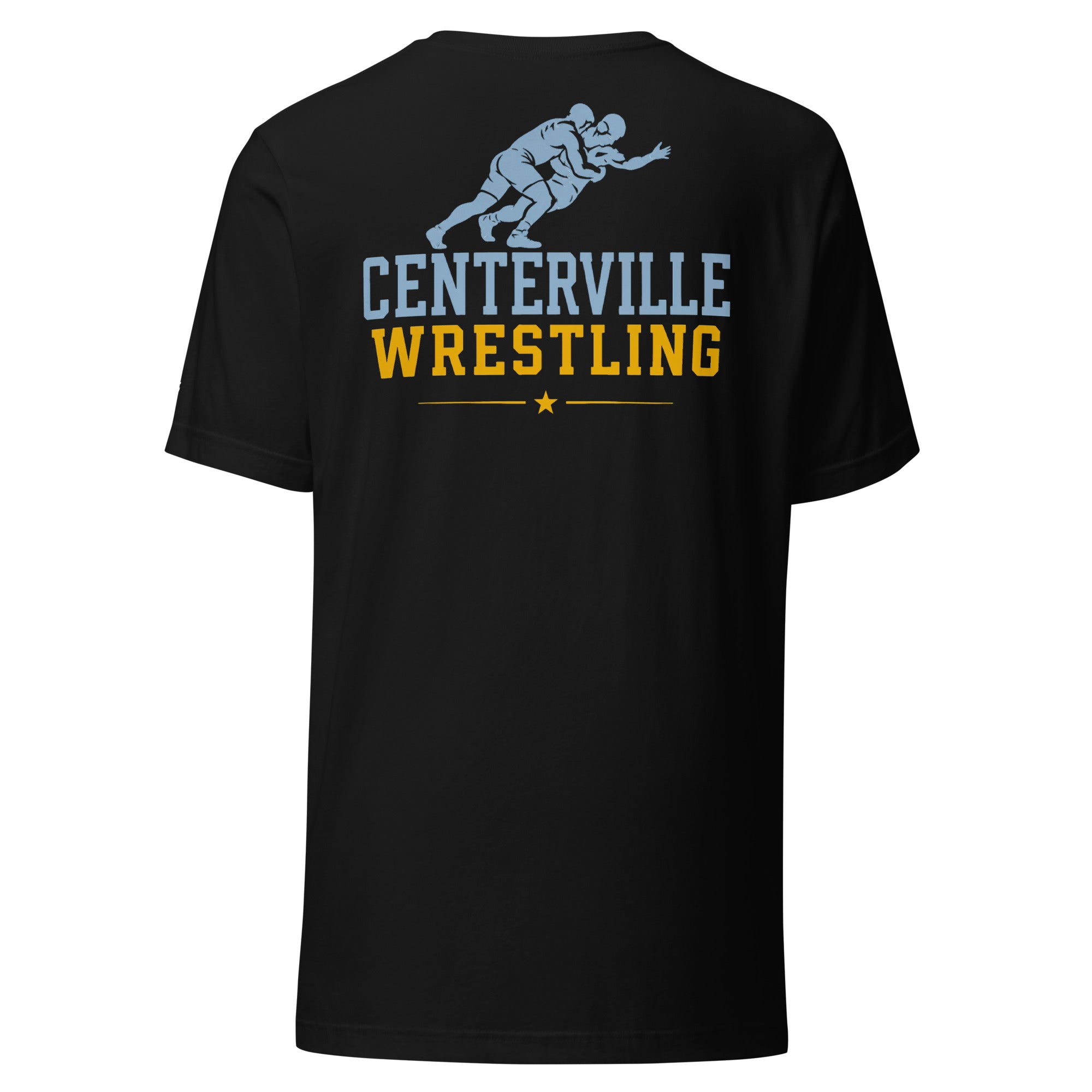 Centerville Wrestling Team T-Shirt, Black, back view.