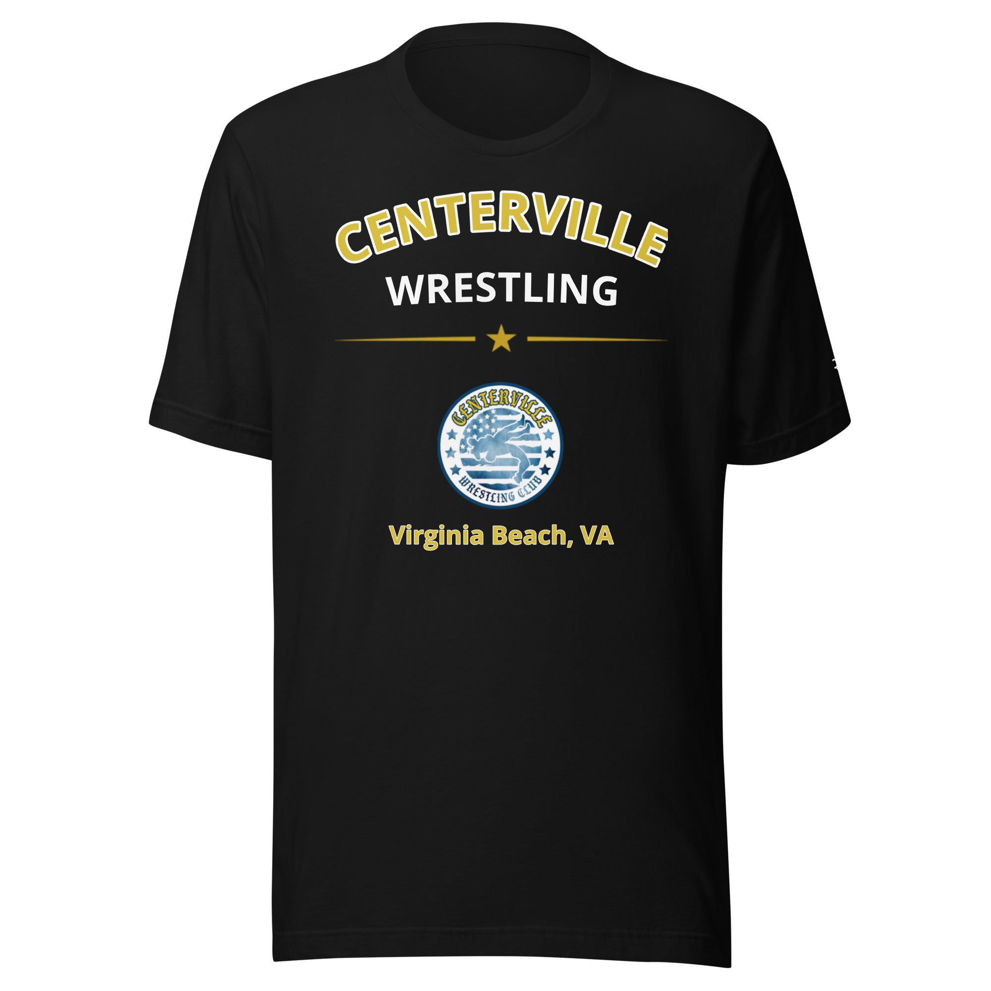 Centerville Wrestling Team T-Shirt, Black, front view.
