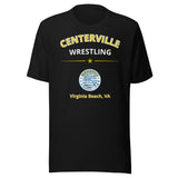 Centerville Wrestling Team T-Shirt, Black, front view.