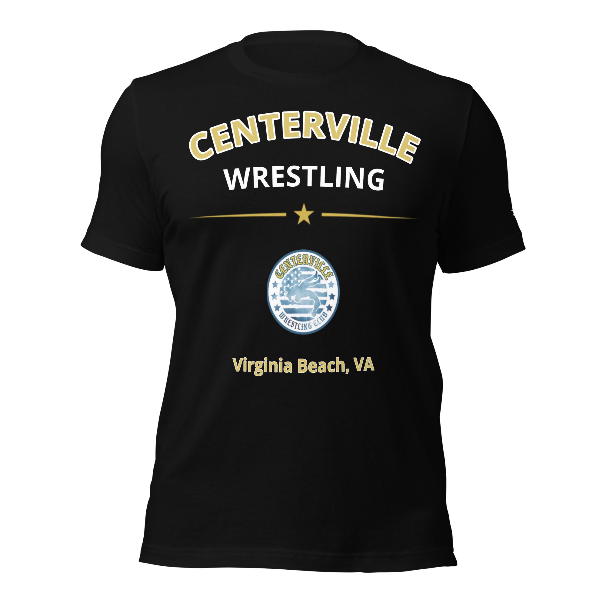 Centerville Wrestling DTG Team T-Shirt, Black, front view.