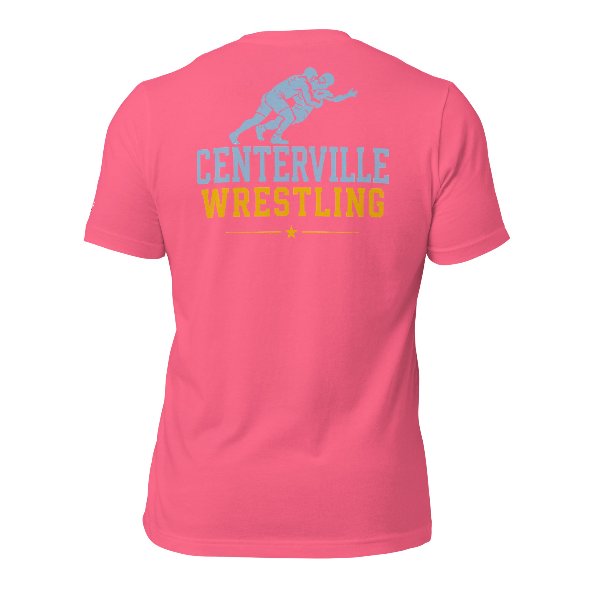 Centerville Wrestling DTG Team T-Shirt, Charity Pink, back view.
