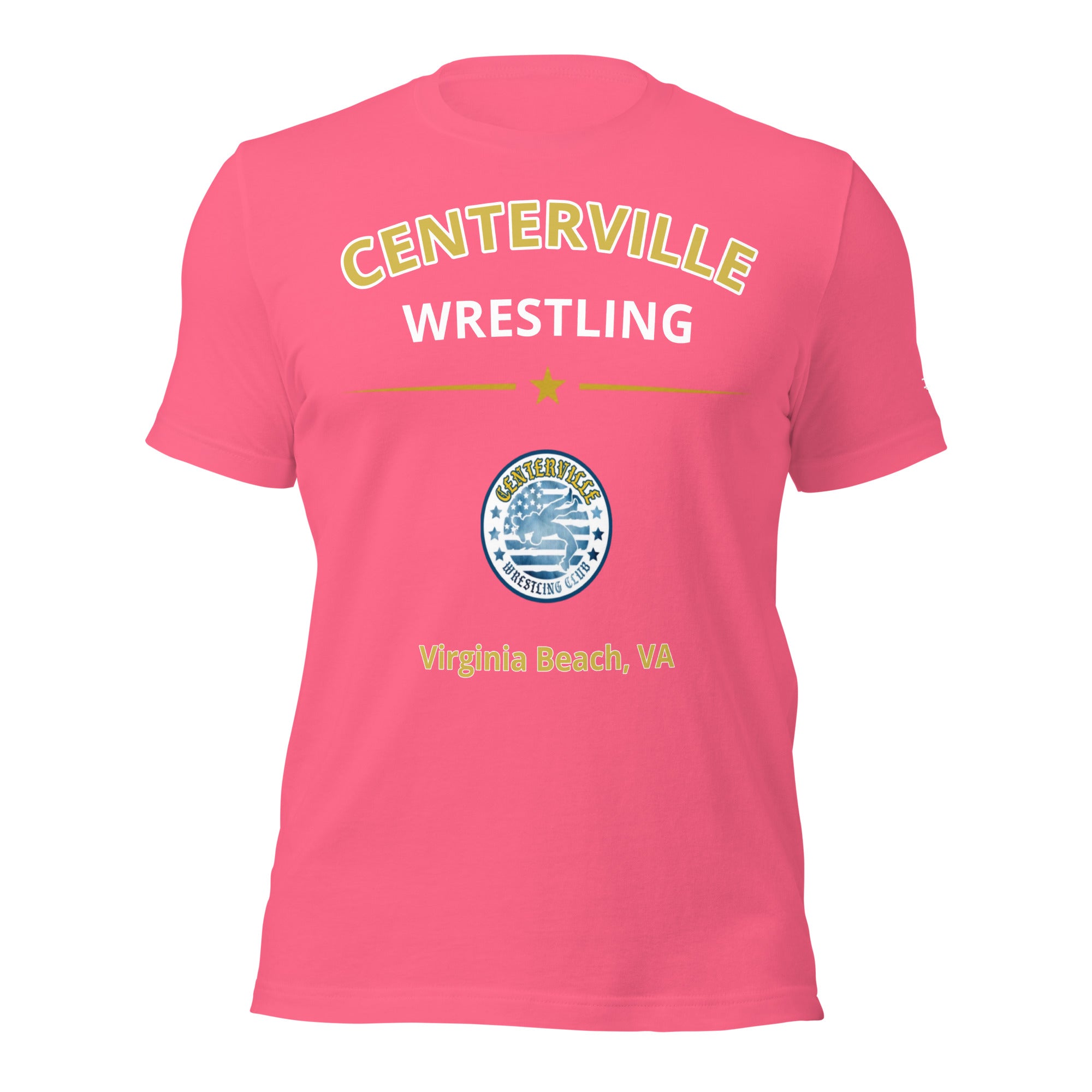 Centerville Wrestling DTG Team T-Shirt, Charity Pink, front view.