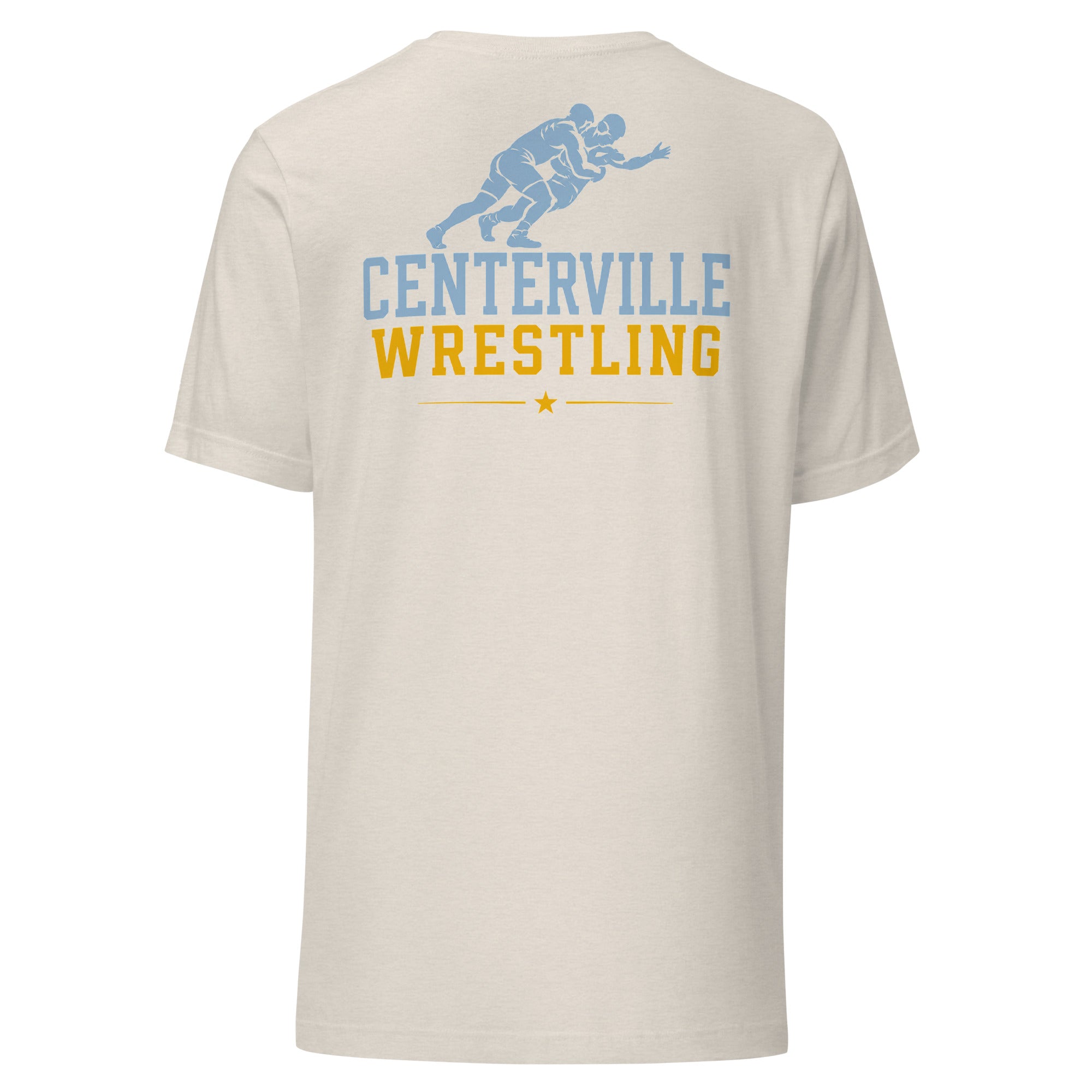 Centerville Wrestling Team T-Shirt, Heather Dust, back view.