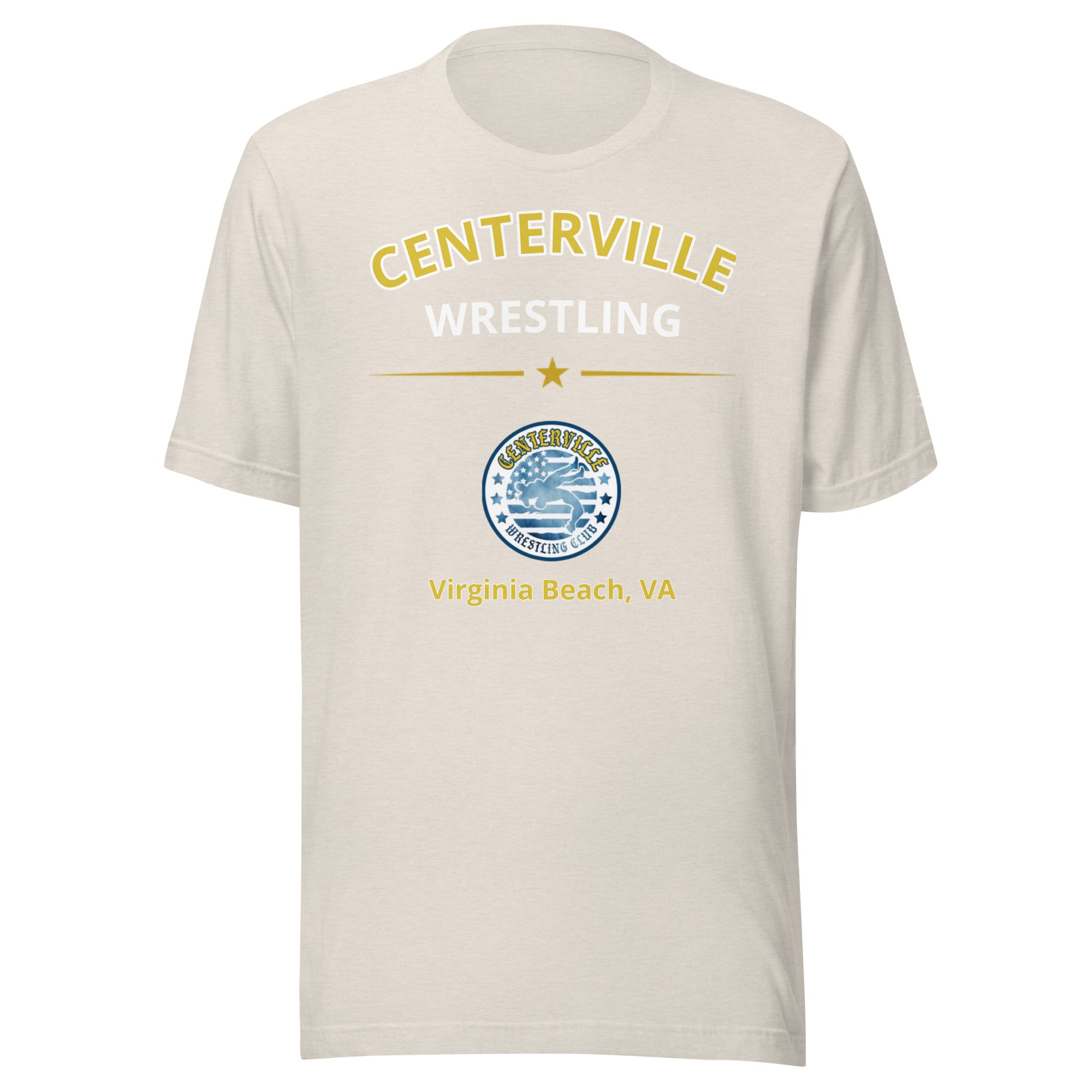 Centerville Wrestling Team T-Shirt, Heather Dust, front view.