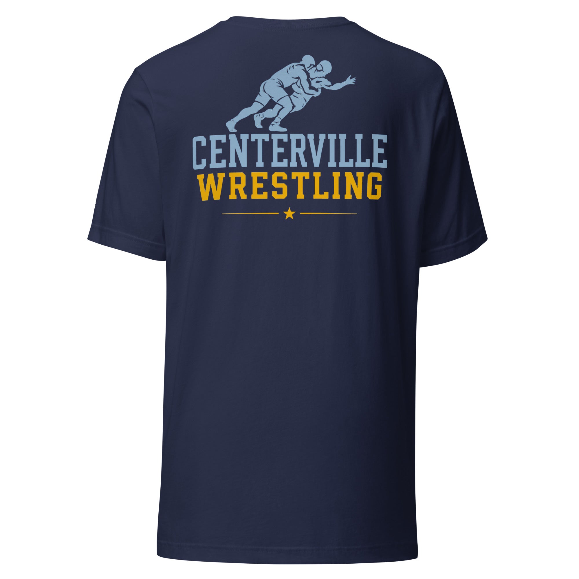 Centerville Wrestling Team T-Shirt, Navy, back view.