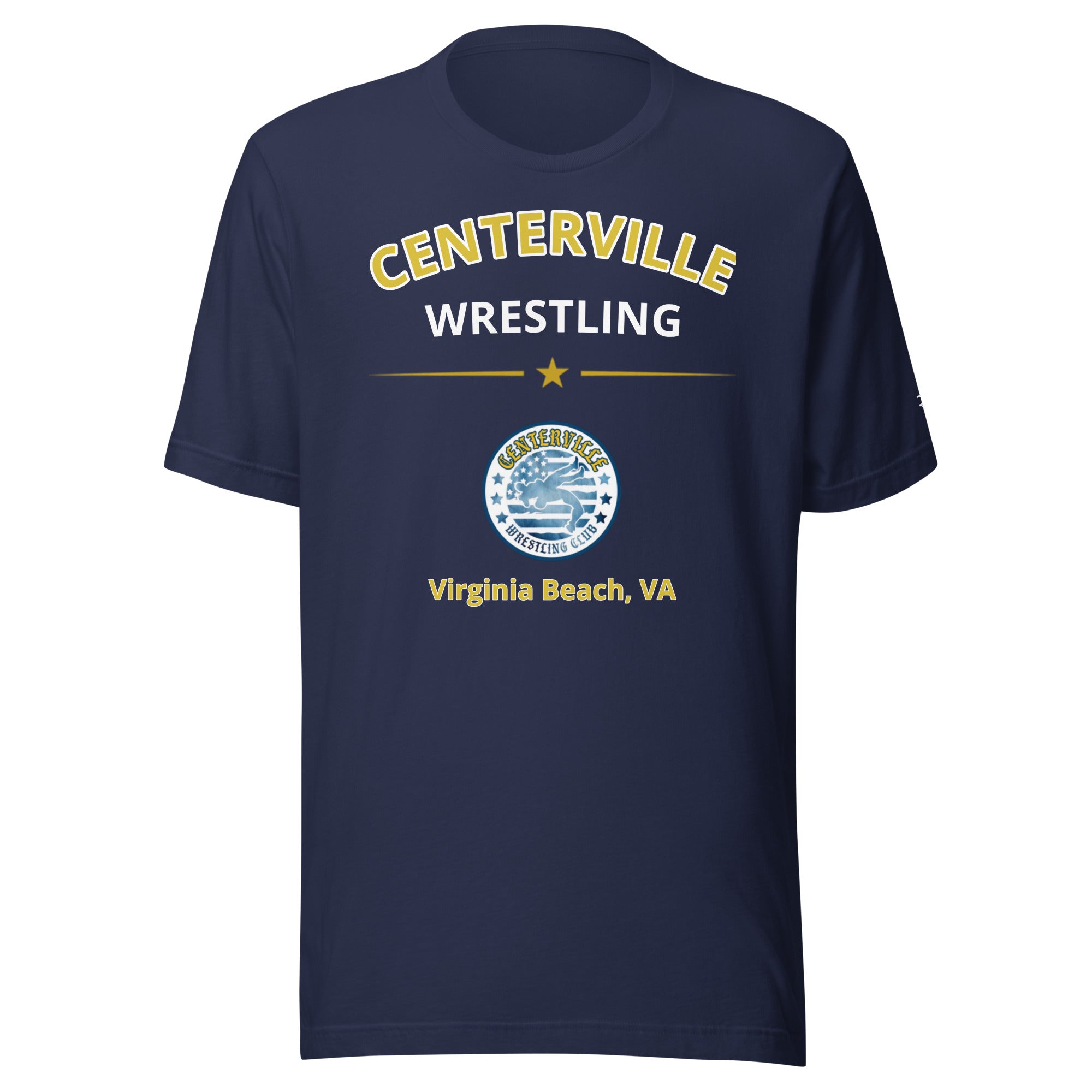 Centerville Wrestling Team T-Shirt, Navy, front view.