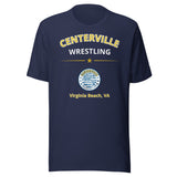 Centerville Wrestling Team T-Shirt, Navy, front view.