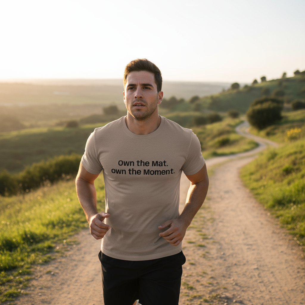 Roll Gear Essential Cotton Tee – Everyday Comfort. Roll Gear Style, man running on a trail.