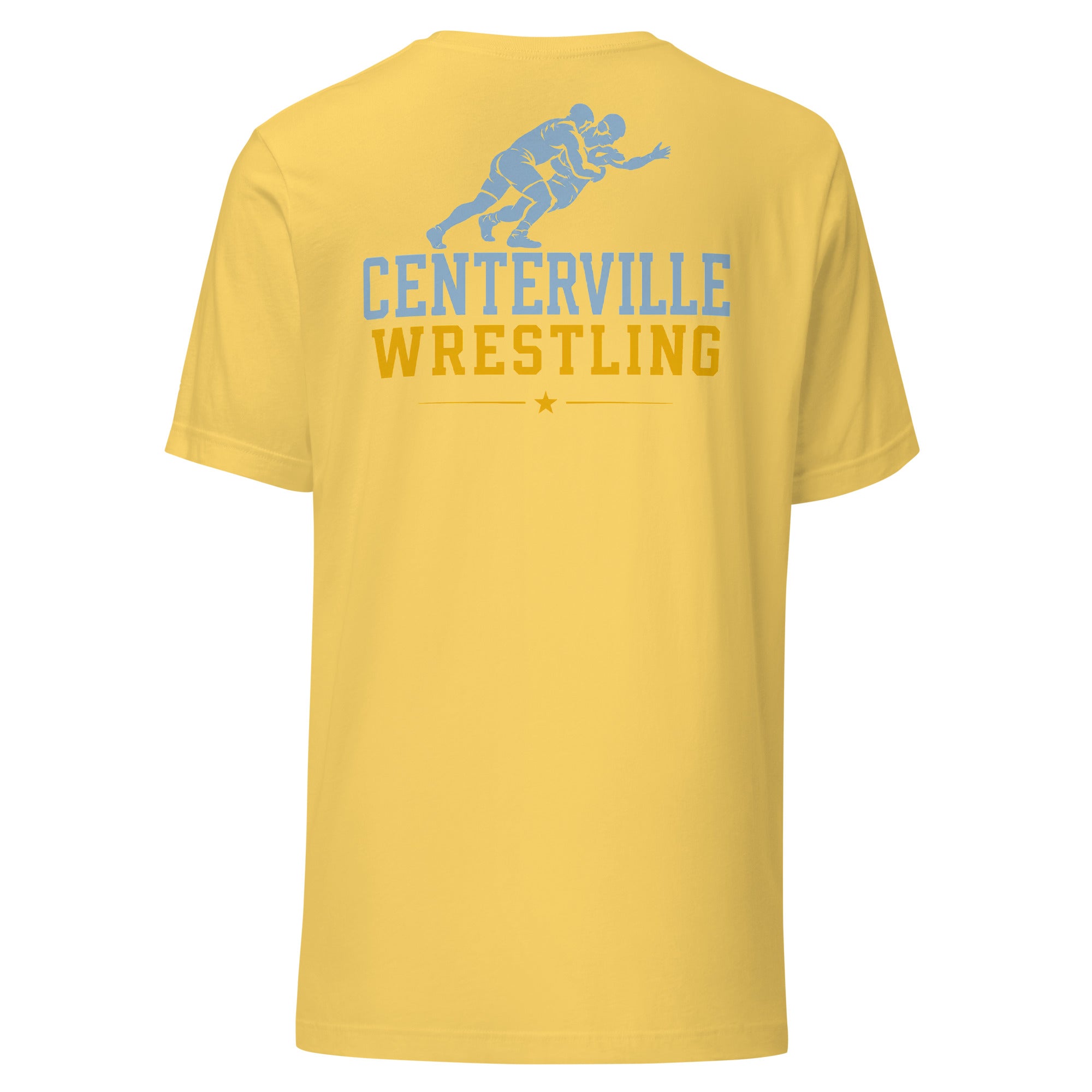Centerville Wrestling Team T-Shirt, Yellow, back view.