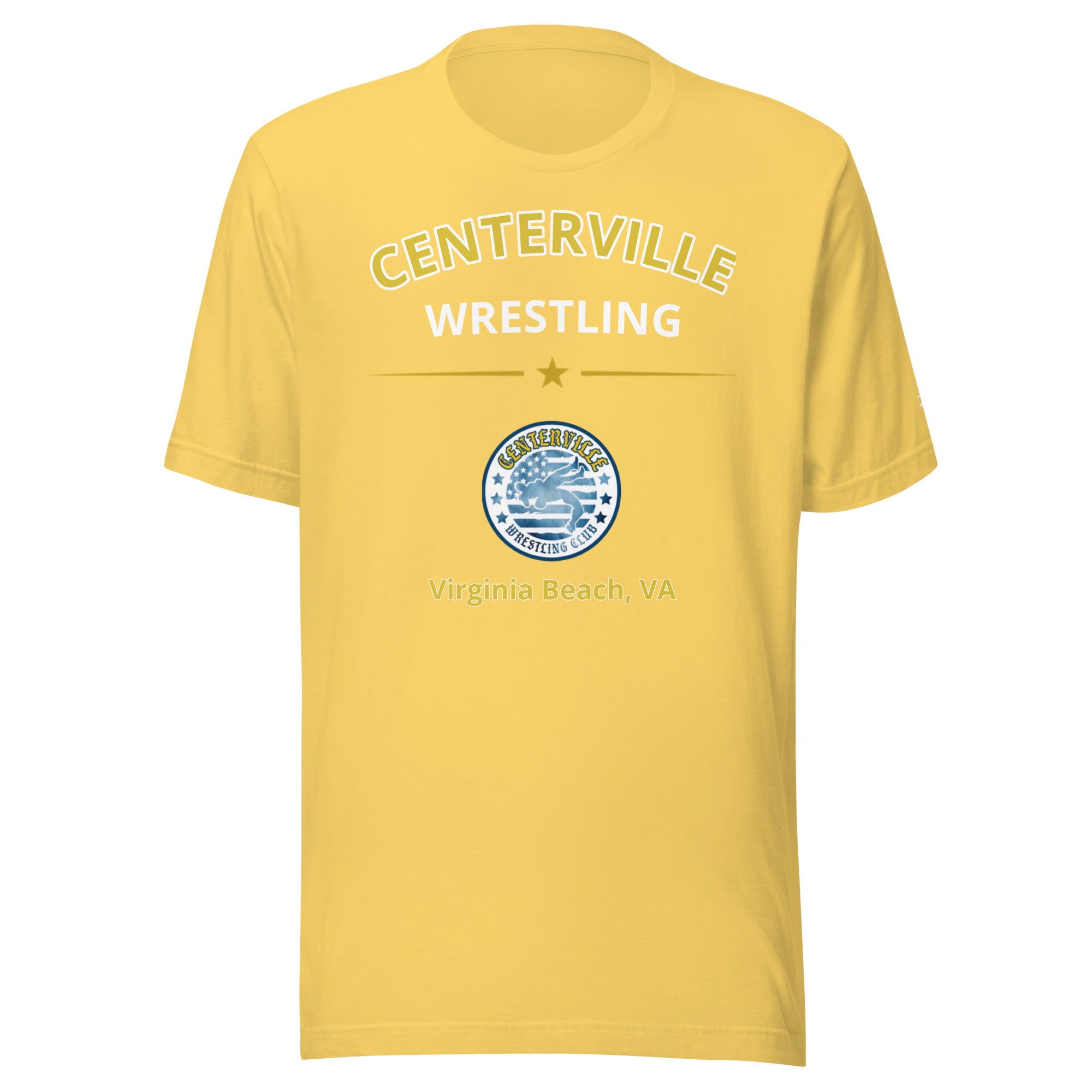 Centerville Wrestling Team T-Shirt, Yellow, front view.