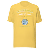 Centerville Wrestling Team T-Shirt, Yellow, front view.