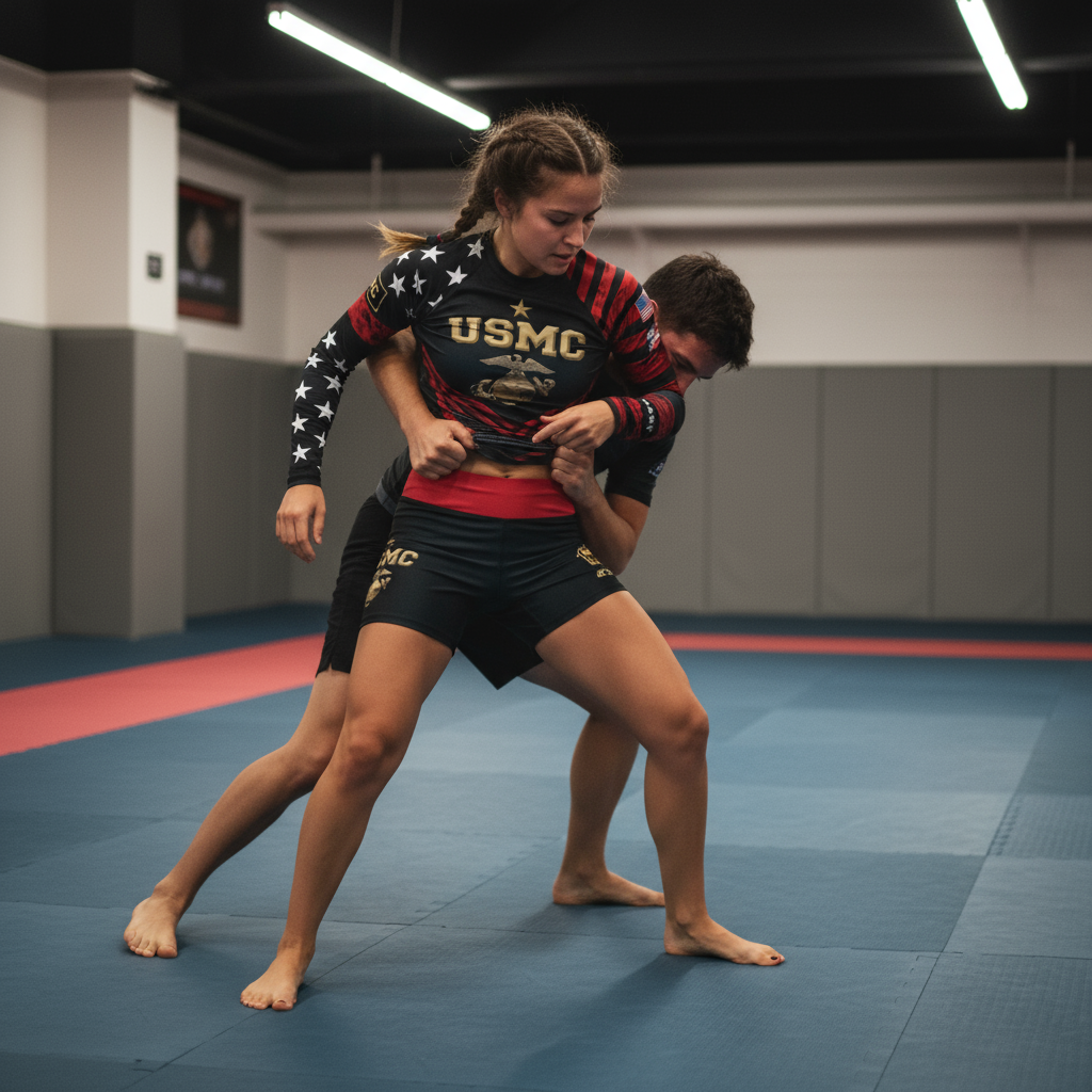 Roll Gear Women's Marines Dress Blues Long Sleeve Rash Guard, woman drilling with a partner on the mat.