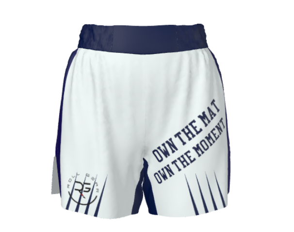 Roll Gear Own the Mat BJJ Fight Shorts – Blue & White, front view.