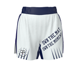 Roll Gear Own the Mat BJJ Fight Shorts – Blue & White, front view.