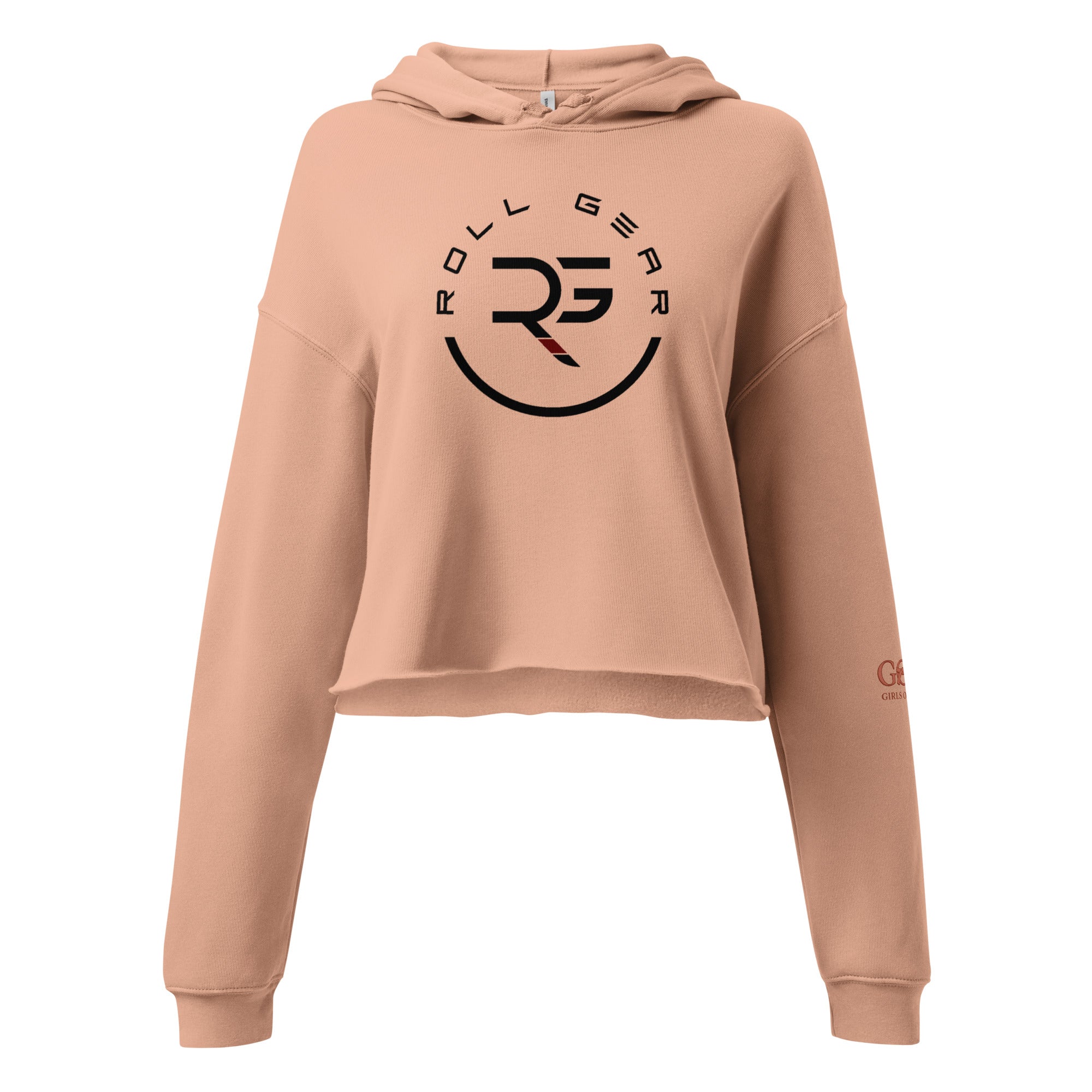 Roll Gear Women's Crop Hoodie – Girls on the Mat, Peach, front view, additional angle.