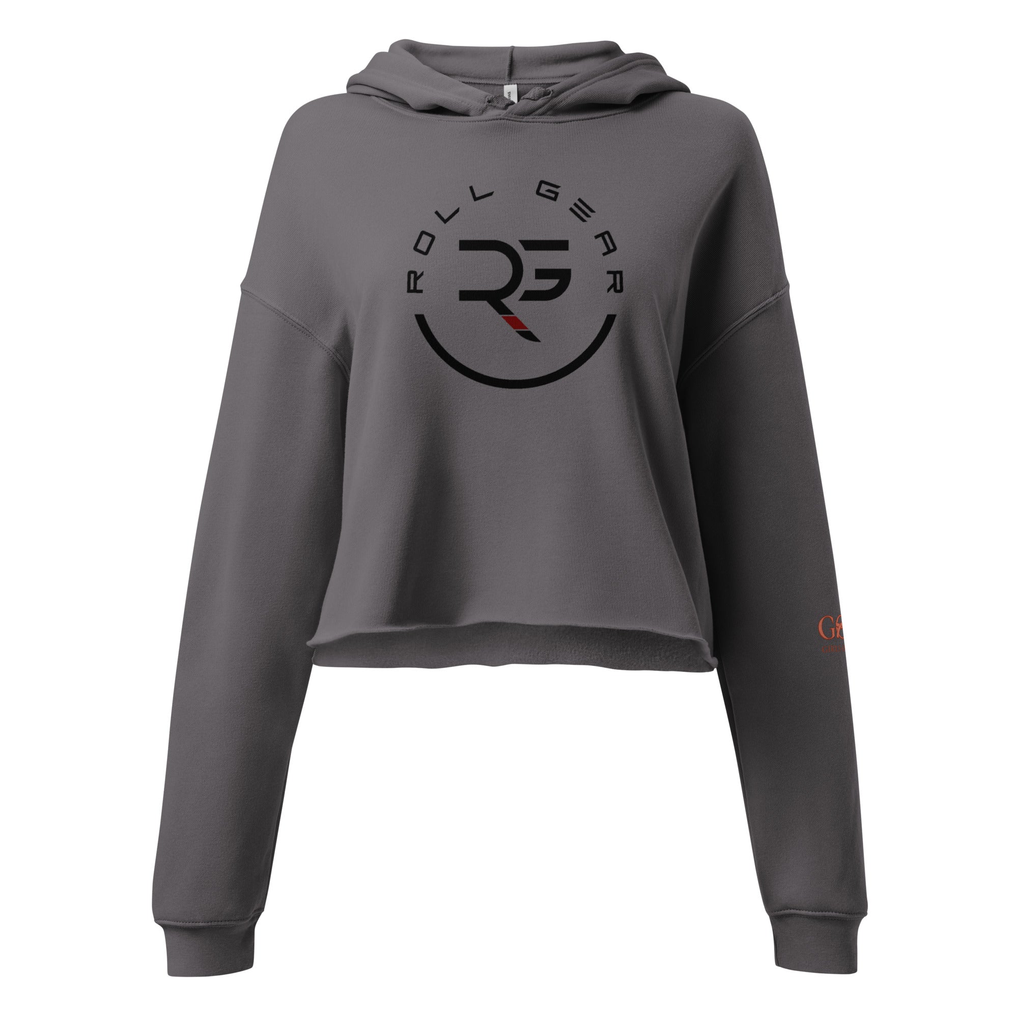 Roll Gear Women's Crop Hoodie – Girls on the Mat, Storm, front view.