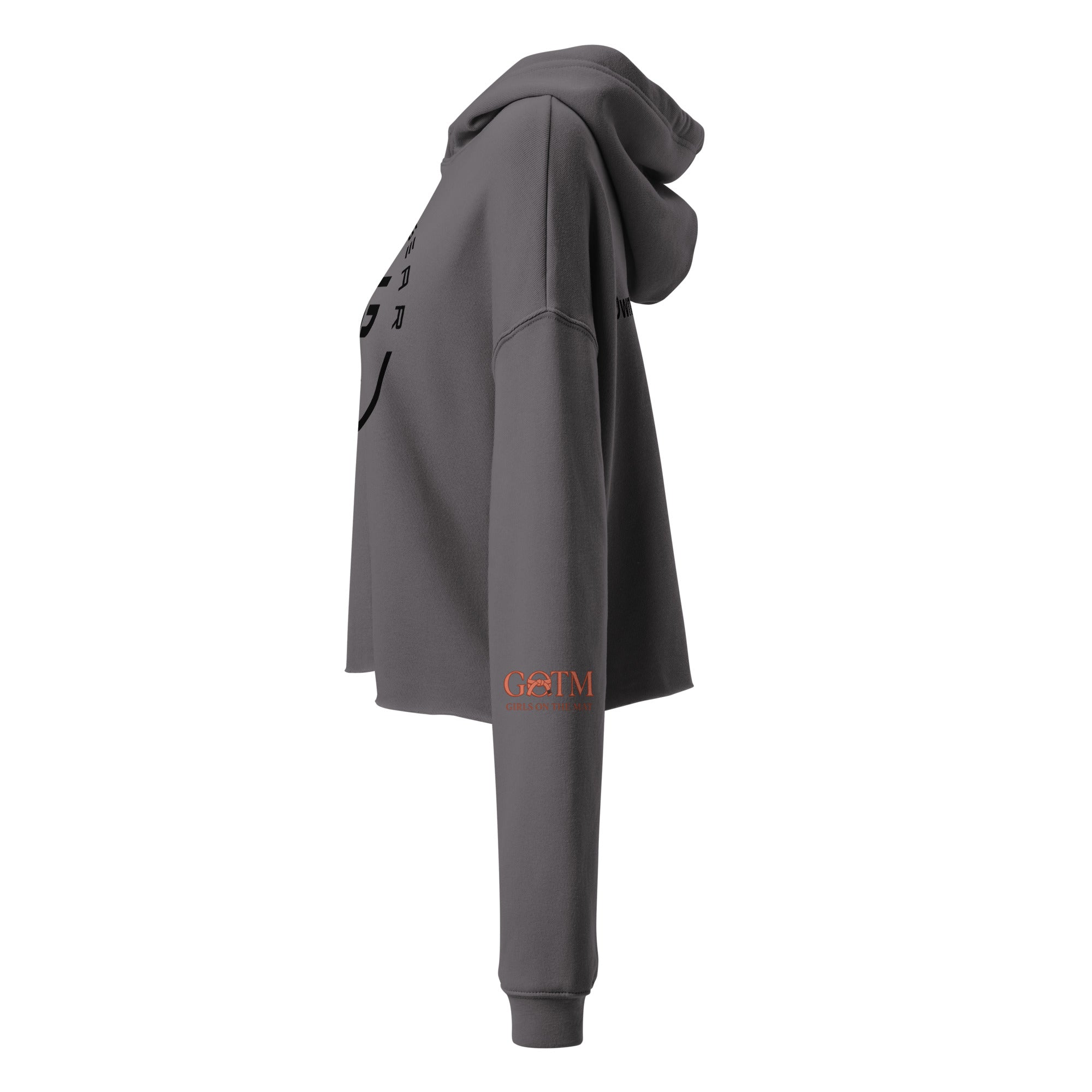 Roll Gear Women's Crop Hoodie – Girls on the Mat, Storm, left side view.