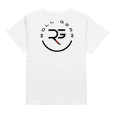 Roll Gear white t-shirt with brand logo, back view.