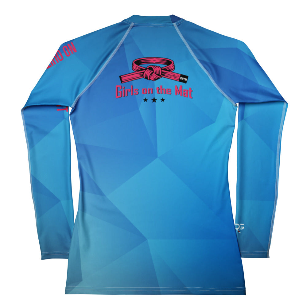 Roll Gear Women's Girls on the Mat BJJ Rash Guard - Blue Prism Gradient, back view.