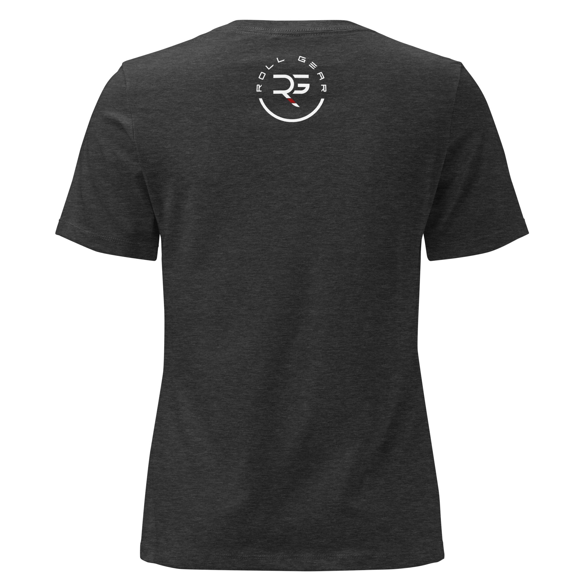 Roll Gear Women's Earned Not Given Motivational T-Shirt, Dark Grey Heather, back view.