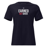 Roll Gear Women's Earned Not Given Motivational T-Shirt - Navy, front view.