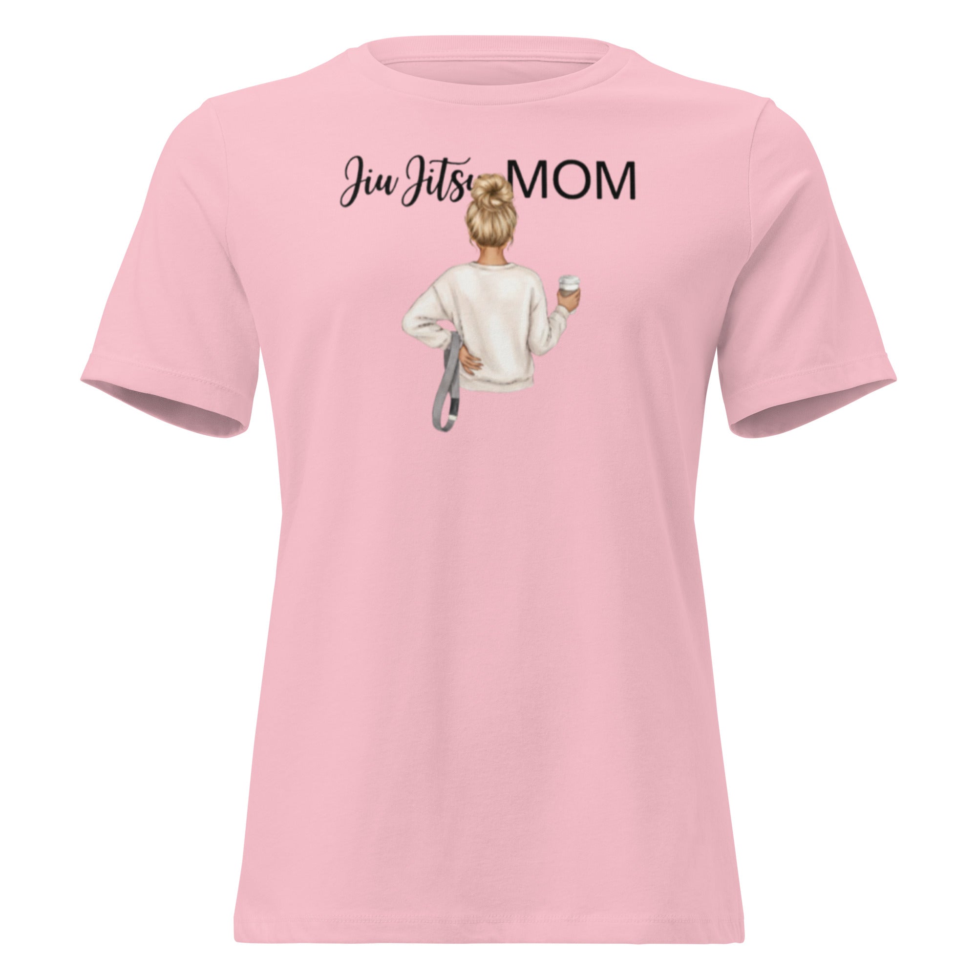 Pink t-shirt with 'Jiu Jitsu Mom' graphic and text on a white background