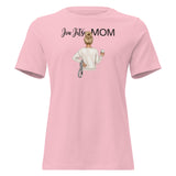 Pink t-shirt with 'Jiu Jitsu Mom' graphic and text on a white background