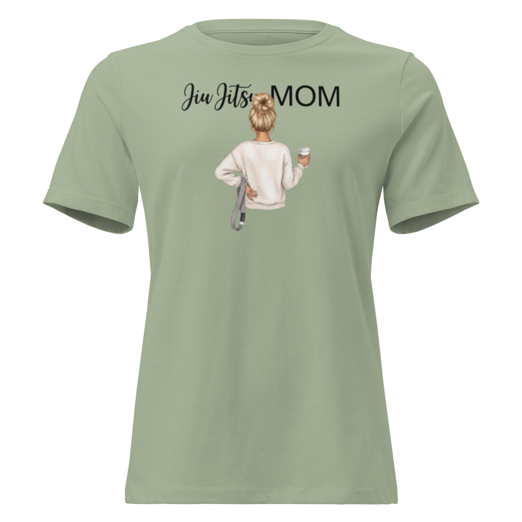 Green t-shirt with 'Jiu Jitsu Mom' text and graphic on a white background