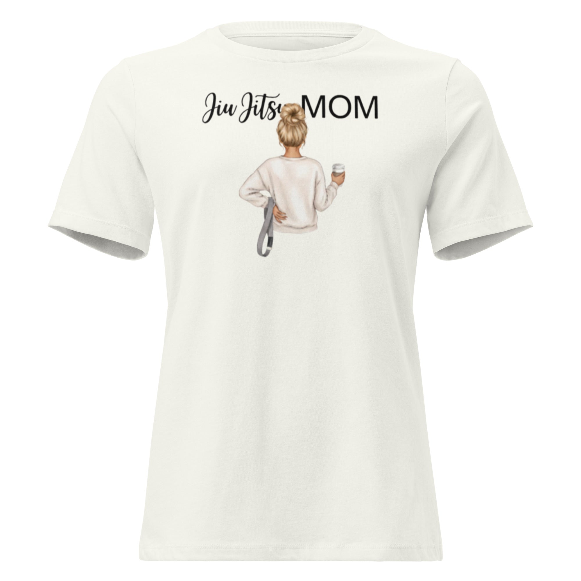 White t-shirt with 'Jiu Jitsu Mom' graphic and text on a white background