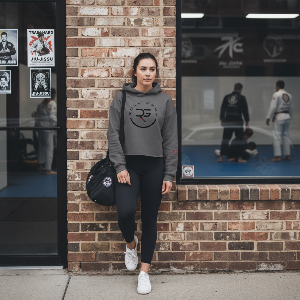 Roll Gear Women's Crop Hoodie – Girls on the Mat, product view.