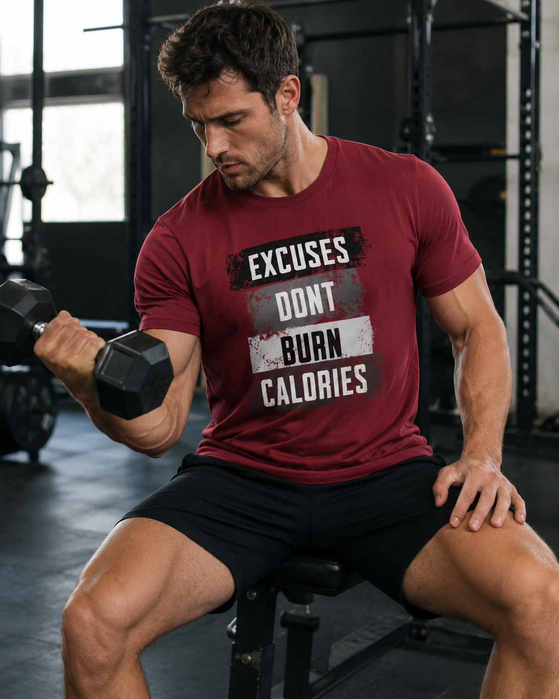 Roll Gear Excuses Don't Burn Calories — Premium Heavyweight T-Shirt, man doing dumbbell curls.