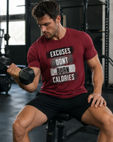 Roll Gear Excuses Don't Burn Calories Premium Heavyweight T-Shirt, lifestyle photo.