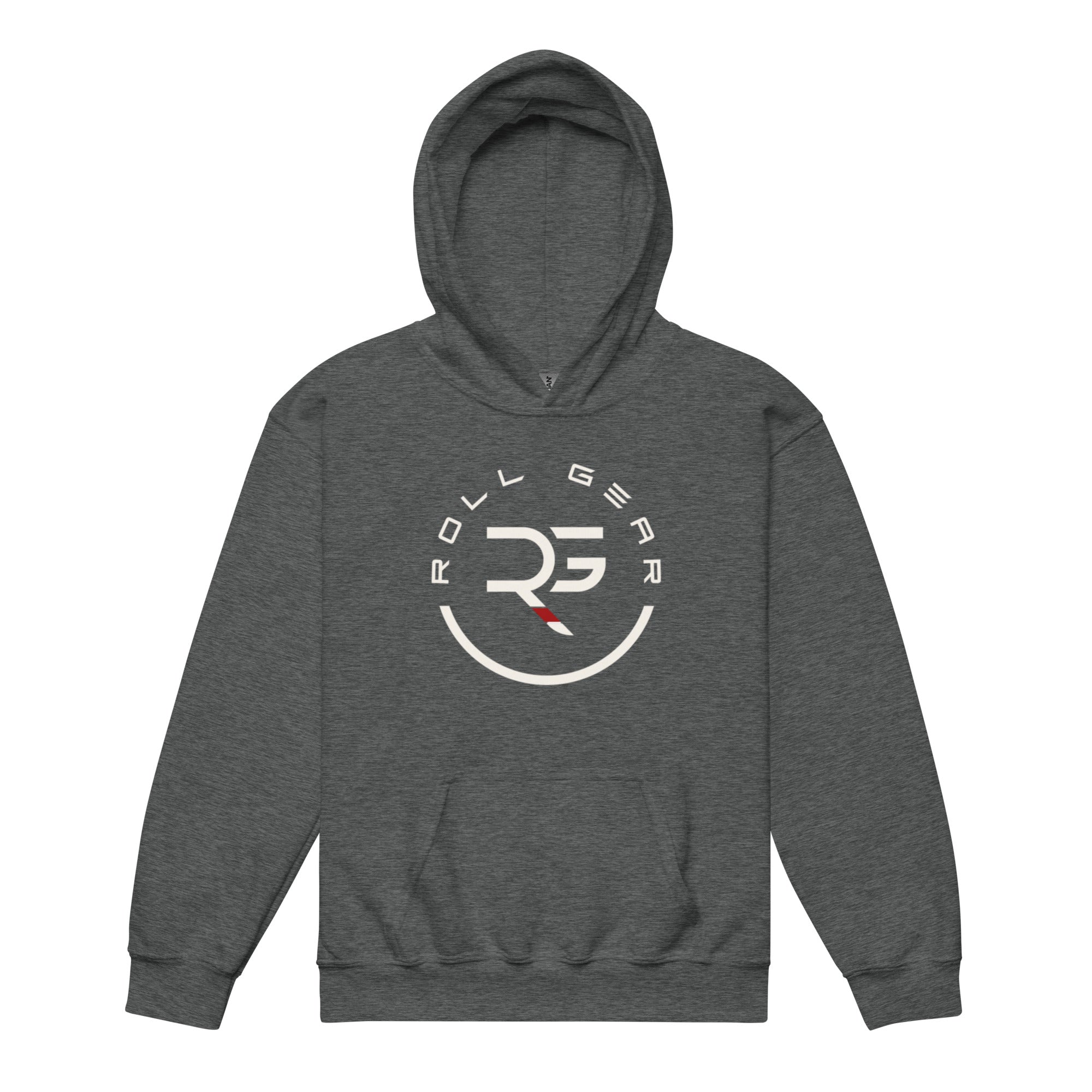 Roll Gear Youth Heavy Blend Hoodie – Dark Heather, front view.