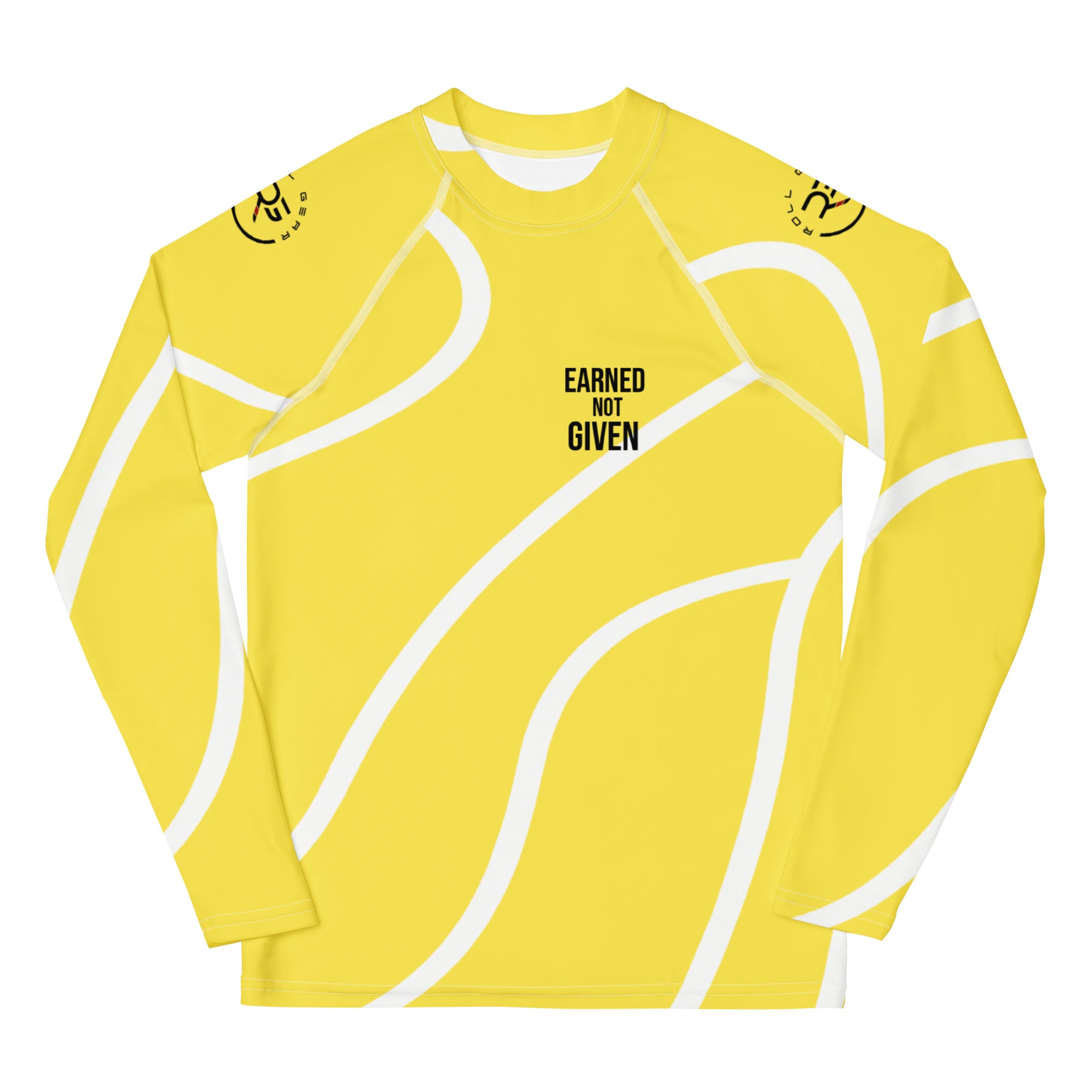 Roll Gear Yellow Swirl Long Sleeve Rash Guard – Yellow/White – Youth, front view, all-over print.