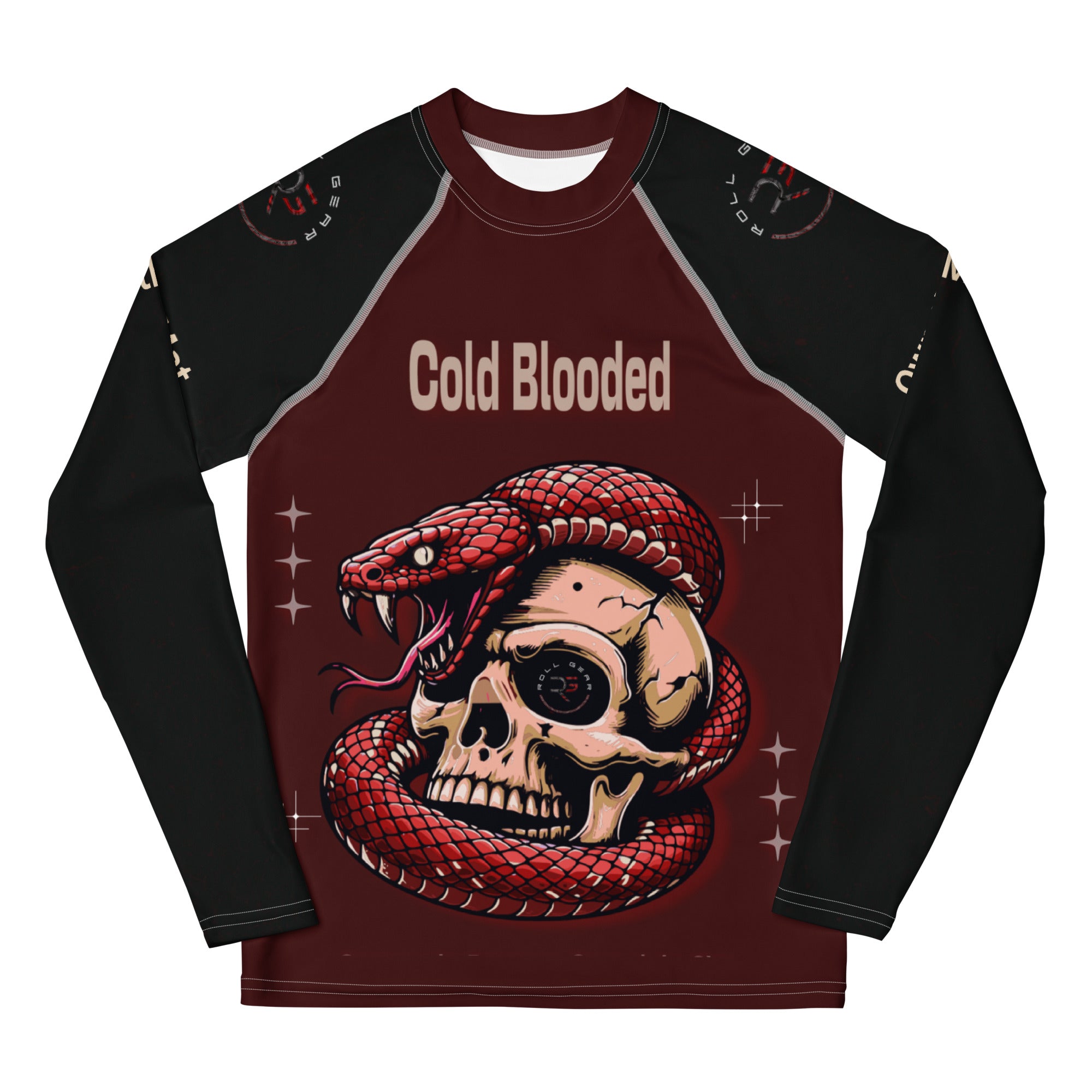 Roll Gear Cold Blooded Rash Guard – Maroon Venom Athlete Edition – Youth Long Sleeve, front view, all-over print.