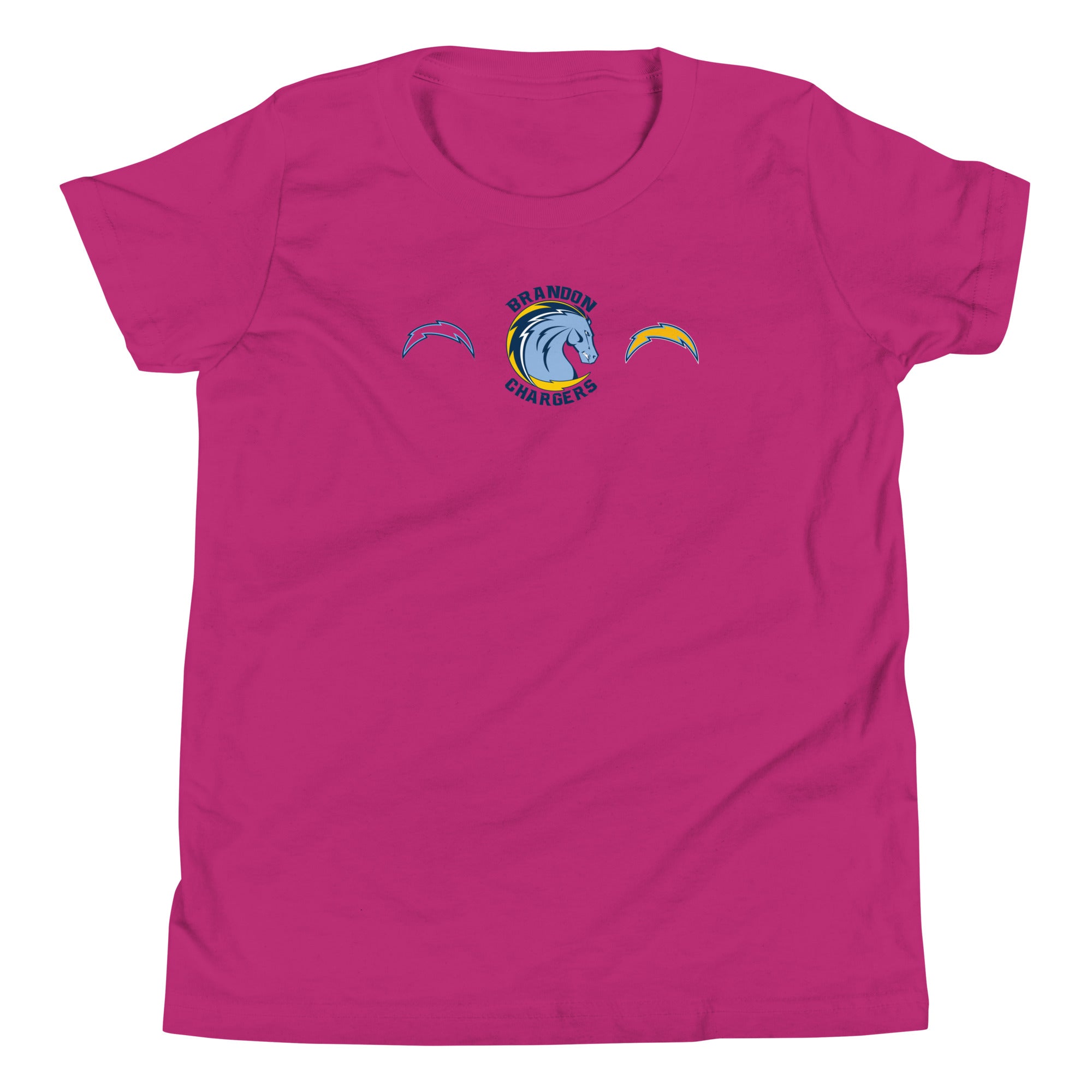 Brandon Chargers Triple Logo Youth Tee by Roll Gear, Berry, front view.